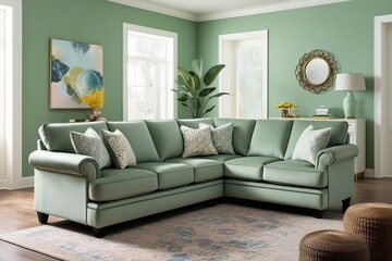 Trendy Microfiber Sofa in Elegant Pastel Green Living Room with Chic Decor