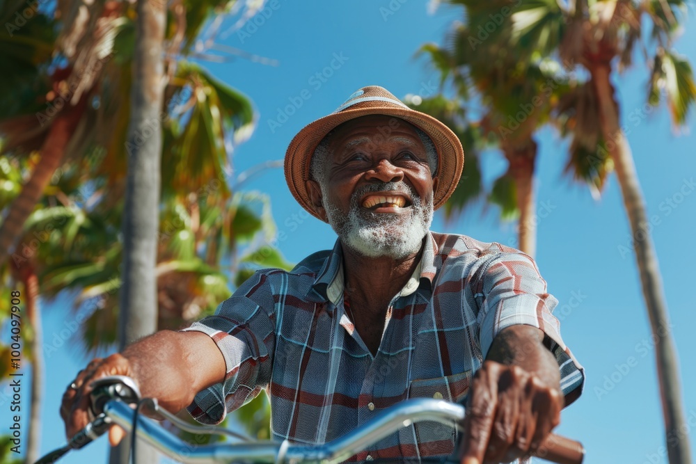 Canvas Prints A person on a bicycle in front of tall palm trees, suitable for travel or leisure images