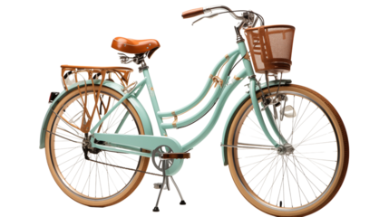 A vintage blue bicycle with a wicker basket on the handlebars, studio view, isolated on white background.