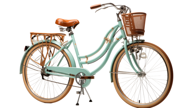 A vintage blue bicycle with a wicker basket on the handlebars, studio view, isolated on white background.
