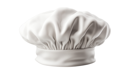A white chefs hat, studio view, isolated on white background.
