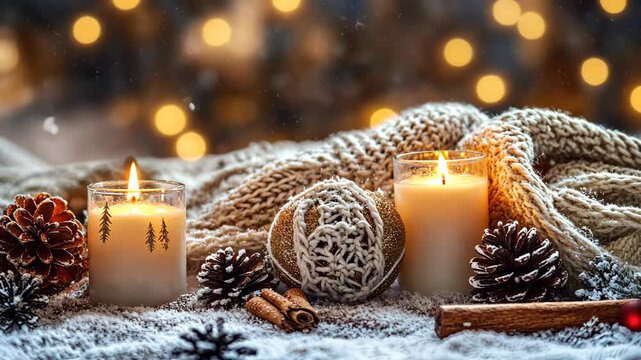 Two candles burn brightly on a snowy surface, surrounded by pine cones and a cozy knitted blanket