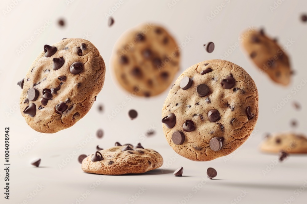 Poster a whimsical scene featuring a group of chocolate chip cookies suspended in mid-air, ideal for use as