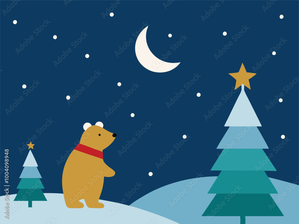 Wall mural Christmas Bear in Starlit Night Sky Scene.