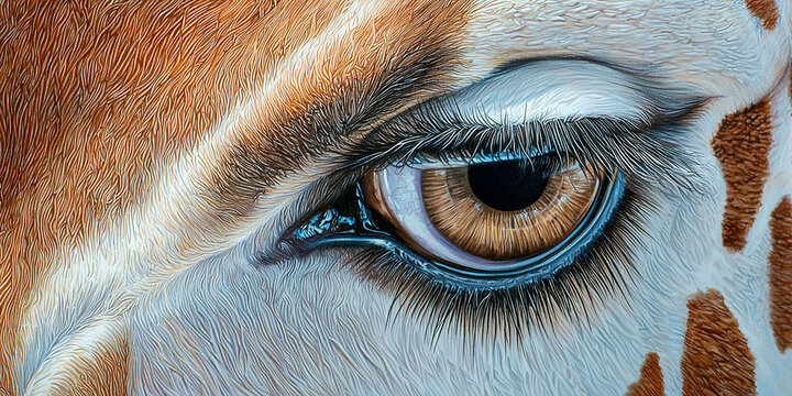 A close up of a giraffe's eye with a blue tint