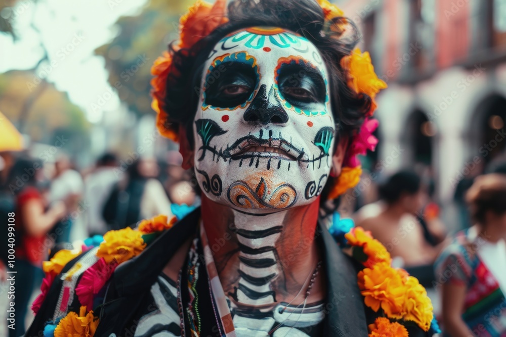Poster a man wearing a skeleton face paint for halloween or costume party, one informative phrase about wha