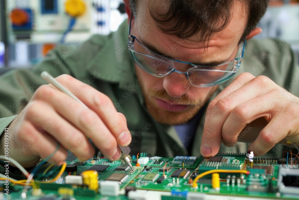 Poster A person works on a circuit board with various components and tools