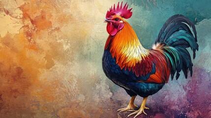 Fototapeta premium A rooster on a bold background, standing tall with sharp detail, highlighting its colorful feathers.