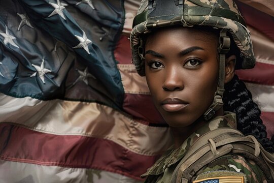 Woman in military uniform standing in front of American flag, suitable for patriotic or military-themed projects