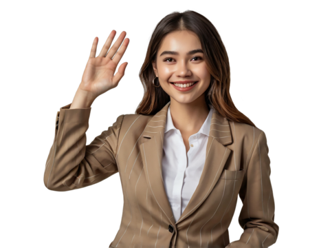 A Young Woman Waving in a Blazer