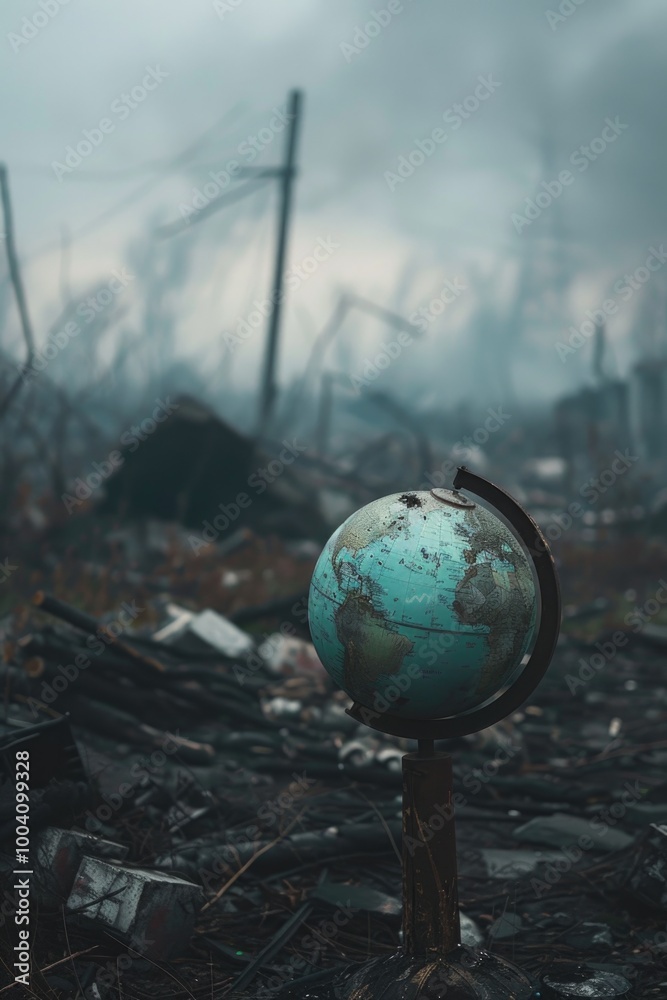 Poster a small globe sits atop a pile of rubble, symbolizing resilience and hope in the face of destruction