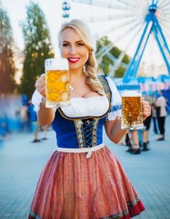Oktoberfest und Bier, Frau trägt ein Dirndl .