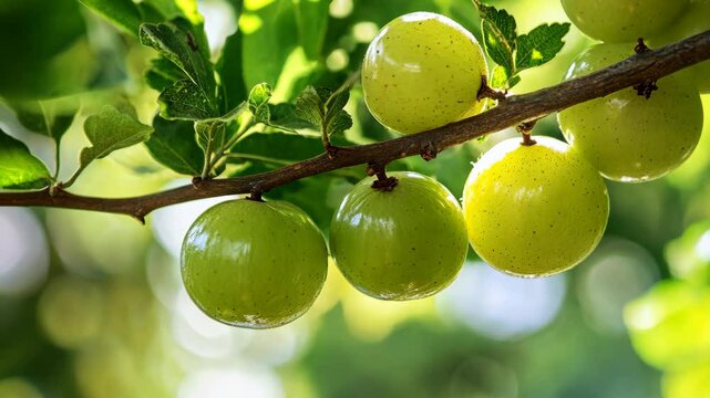 A close-up of Indian gooseberries growing on a branch in the sunlight
