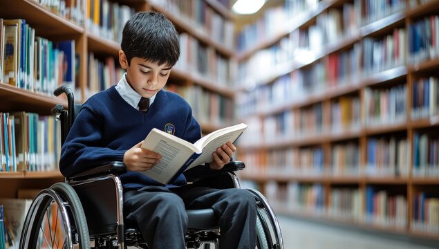 A young boy in a wheelchair reads a book in a library, surrounded by bookshelves. - Powered by Adobe