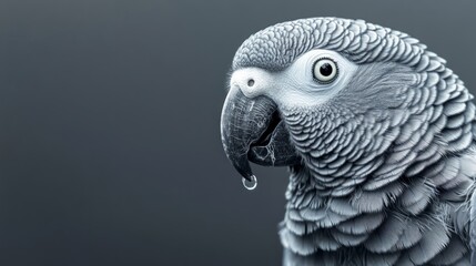 Obraz premium Closeup of African Grey Parrot (Psittacus erithacus) with a water drop on its beak isolated against a plain background. They are known to be great human voice and speech imitators. 