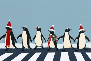 Penguins Crossing the Road Wearing Christmas Clothing