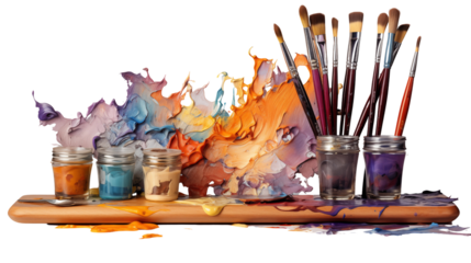 Artist's Palette and Brushes, studio view, isolated on white background.