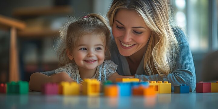 A woman and a child joyfully playing together with vibrant, colorful building blocks on a bright surface.