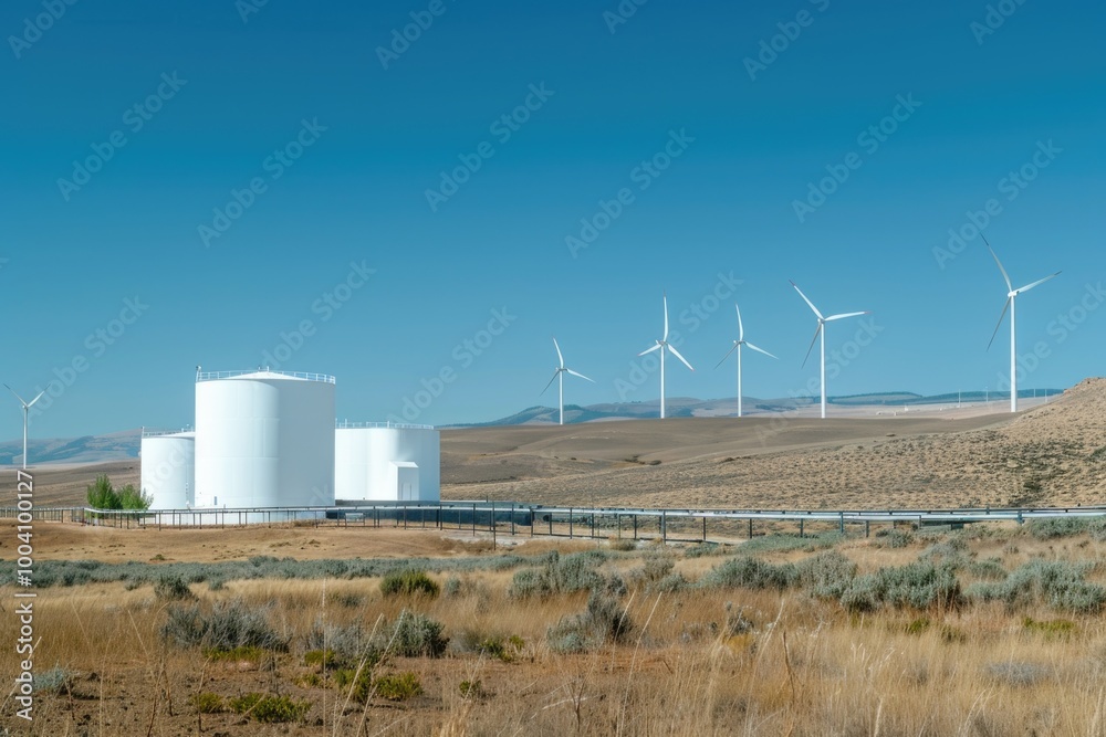 Poster a picture of a wind farm with wind turbines in the background