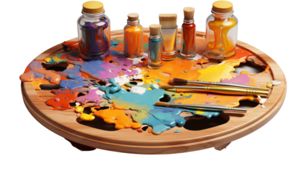 Artist's Palette and Brushes, studio view, isolated on white background.