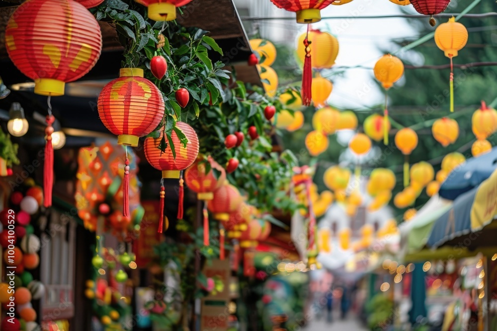 Poster A decorative setup with numerous red and yellow lanterns hanging from the ceiling