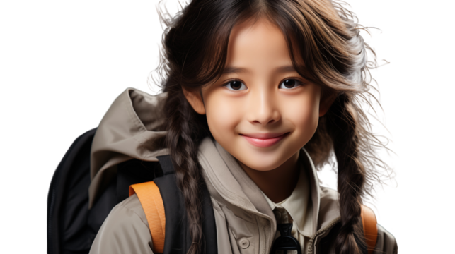 asian Elementary school girl photography, studio view, isolated on white background.