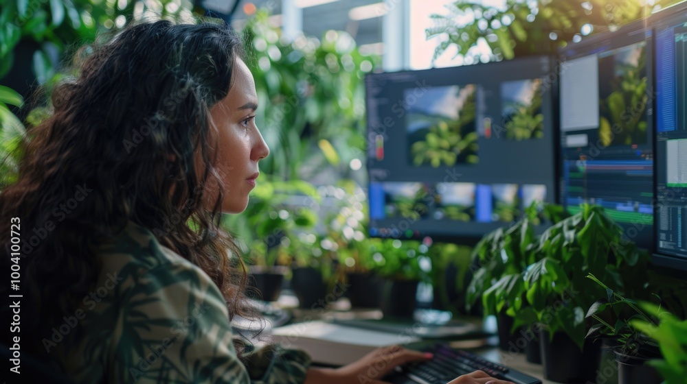 Poster a woman sits in front of a computer monitor, working or browsing