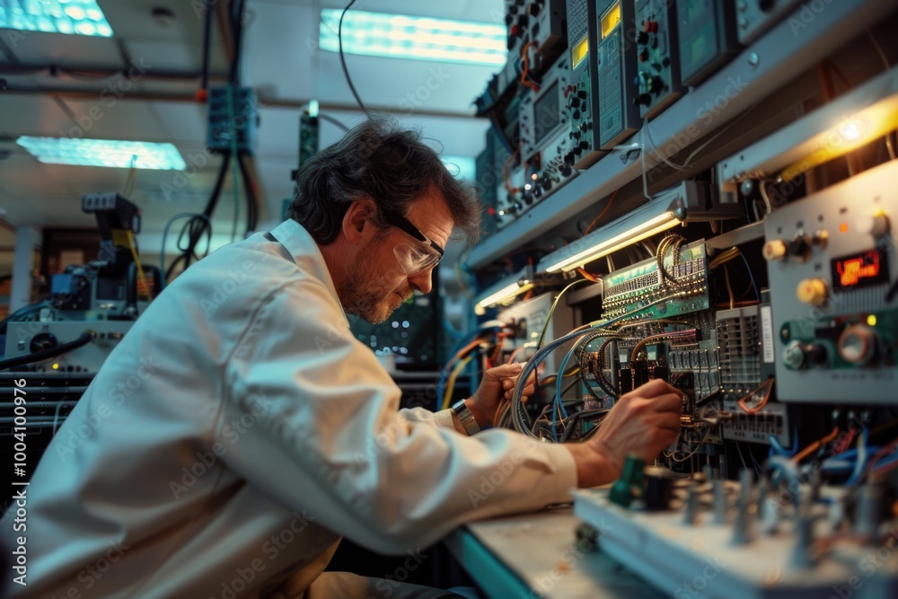 Poster Man in lab coat operating machinery
