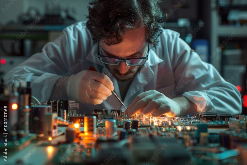 Poster A person in a lab coat assembles electronic components on a circuit board, suitable for use in tech-related projects or educational materials
