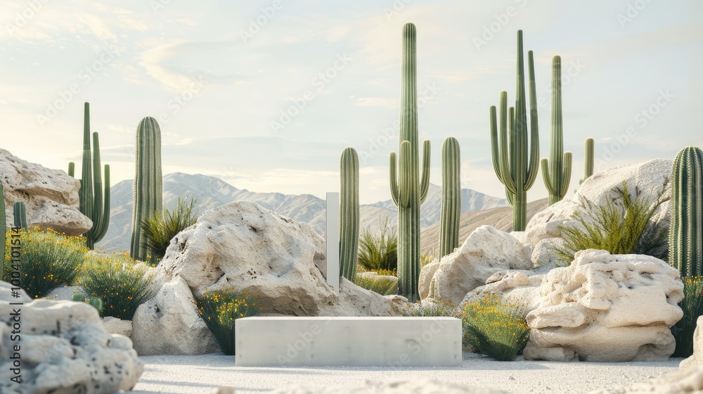 Poster a scenic view of a desert landscape featuring various types of cacti and rocky formations