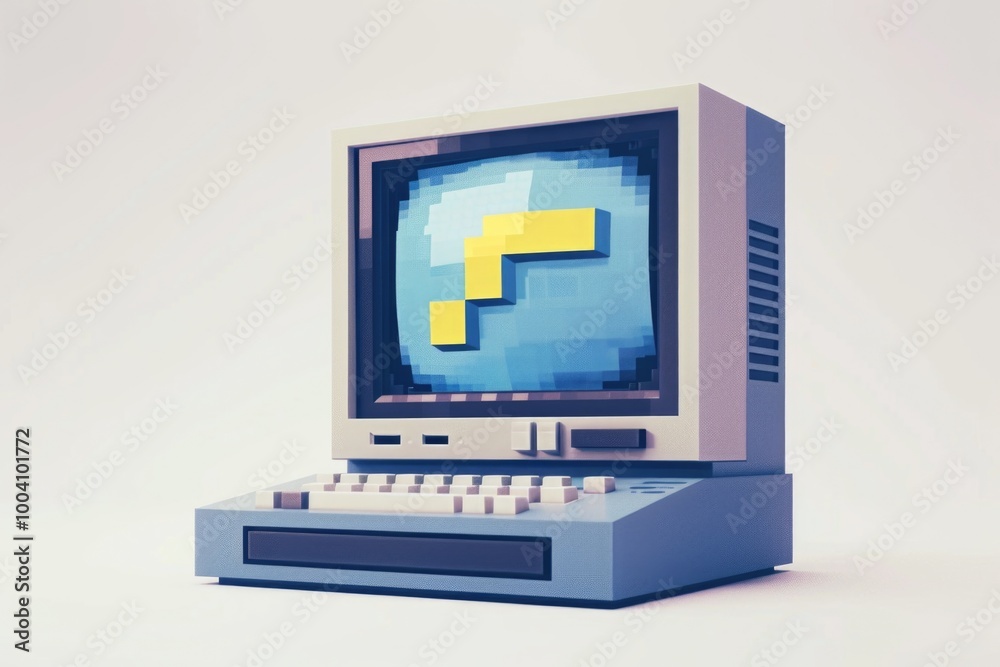 Aufkleber a vintage computer with a blue screen displaying the f key