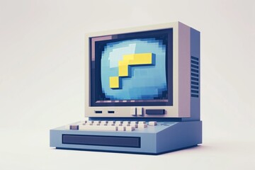 A vintage computer with a blue screen displaying the F key