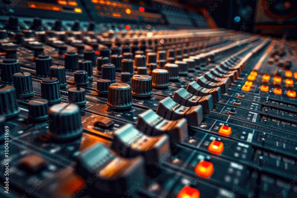 Poster A close-up shot of a sound board with multiple knobs, ideal for use in music production or audio visual projects