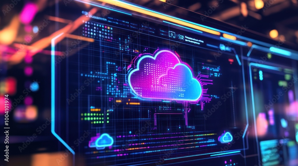 Poster a digital representation of cloud computing with vibrant neon colors and data visualizations.