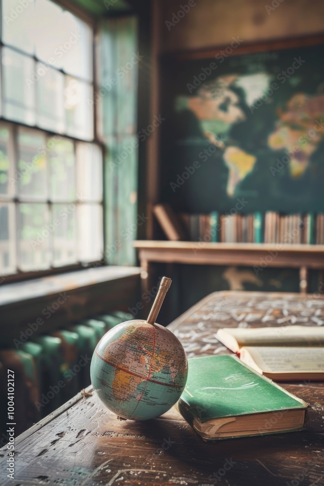 Poster a globe and a book sit on a table in front of a window, perfect for educational or home decor use