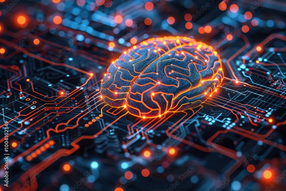 Poster A computer circuit with a glowing brain component, suitable for tech-related illustrations and futuristic designs