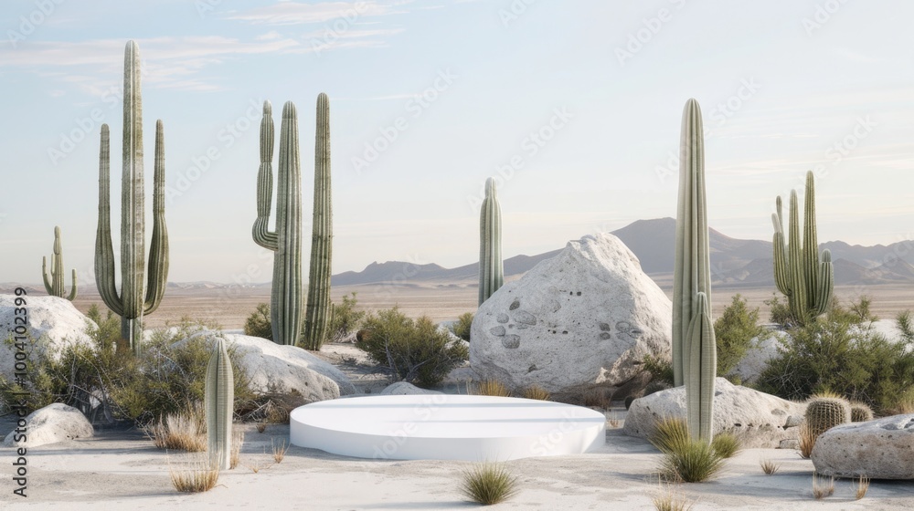 Poster scenic view of a desert landscape featuring cactus trees, rocky formations, and a circular table