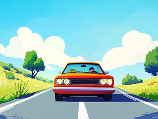 a car on a road trip cartoon style