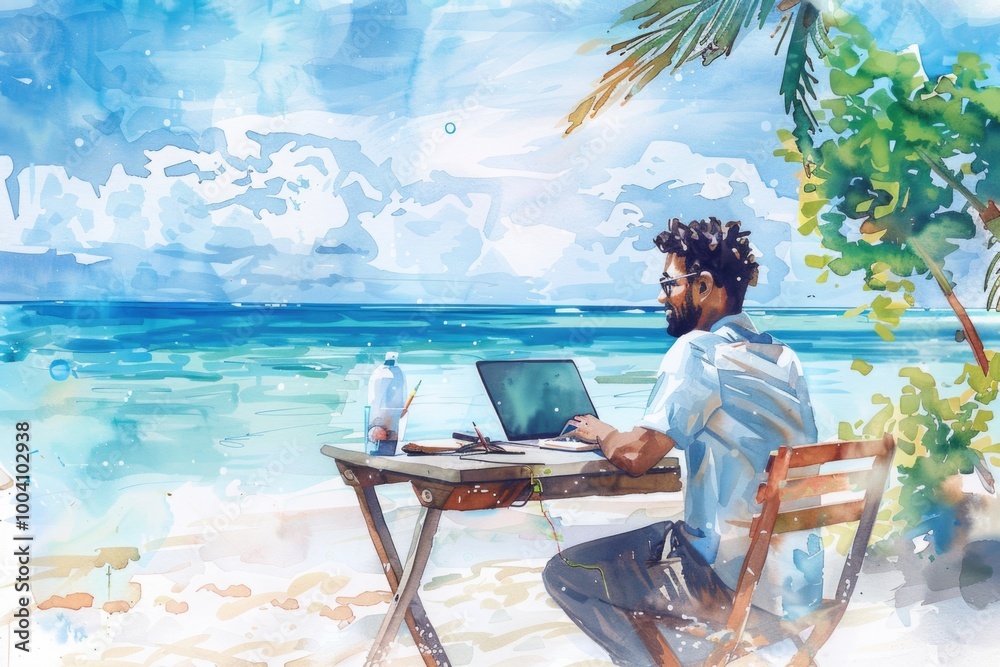 Poster a person sitting at a table with a laptop, possibly working or studying