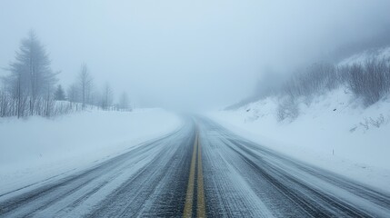 Obraz premium A snowstorm sweeping across an abandoned mountain road, thick snow covering every surface, with visibility near zero.