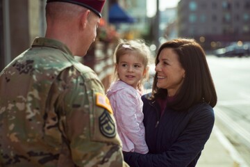 Soldier being welcomed home by smiling woman and child at street corner. Background shows buildings. Concept of reunion and happiness