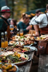 Obraz premium A group of people stand around a table filled with various foods, ready to be enjoyed