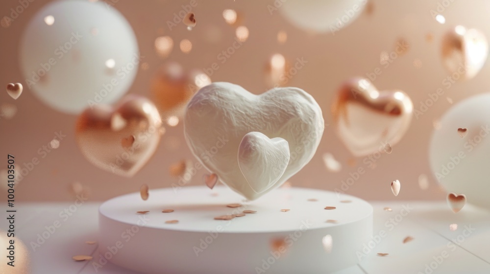 Wall mural A heart-shaped cake perched on a white pedestal, perfect for romantic occasions or special celebrations