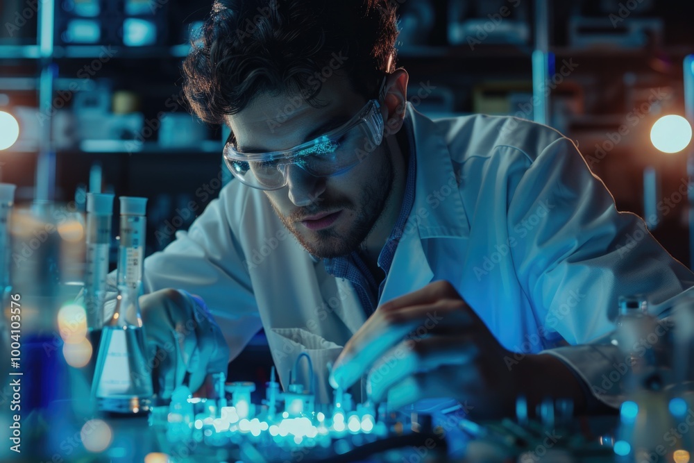 Poster A scientist in a lab coat and goggles conducting experiments in a modern laboratory setting