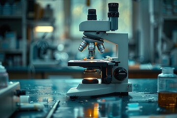 A microscope is on a table with a few other items