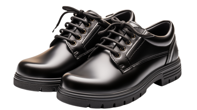 Black student shoes, studio view, isolated on white background.