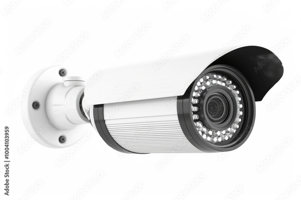 Poster A security camera installed on the side of a building or a house, providing surveillance and monitoring capabilities