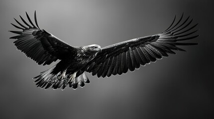 Naklejka premium A solitary eagle in mid-flight, wings extended, against a single-colored background for a dynamic, sharp image.