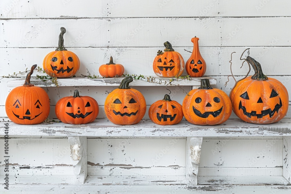 Wall mural A group of pumpkins sitting on top of a wooden bench