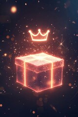 A glowing gift box with a glowing crown icon floating up, rotating slowly and sparkling like a jewel. 